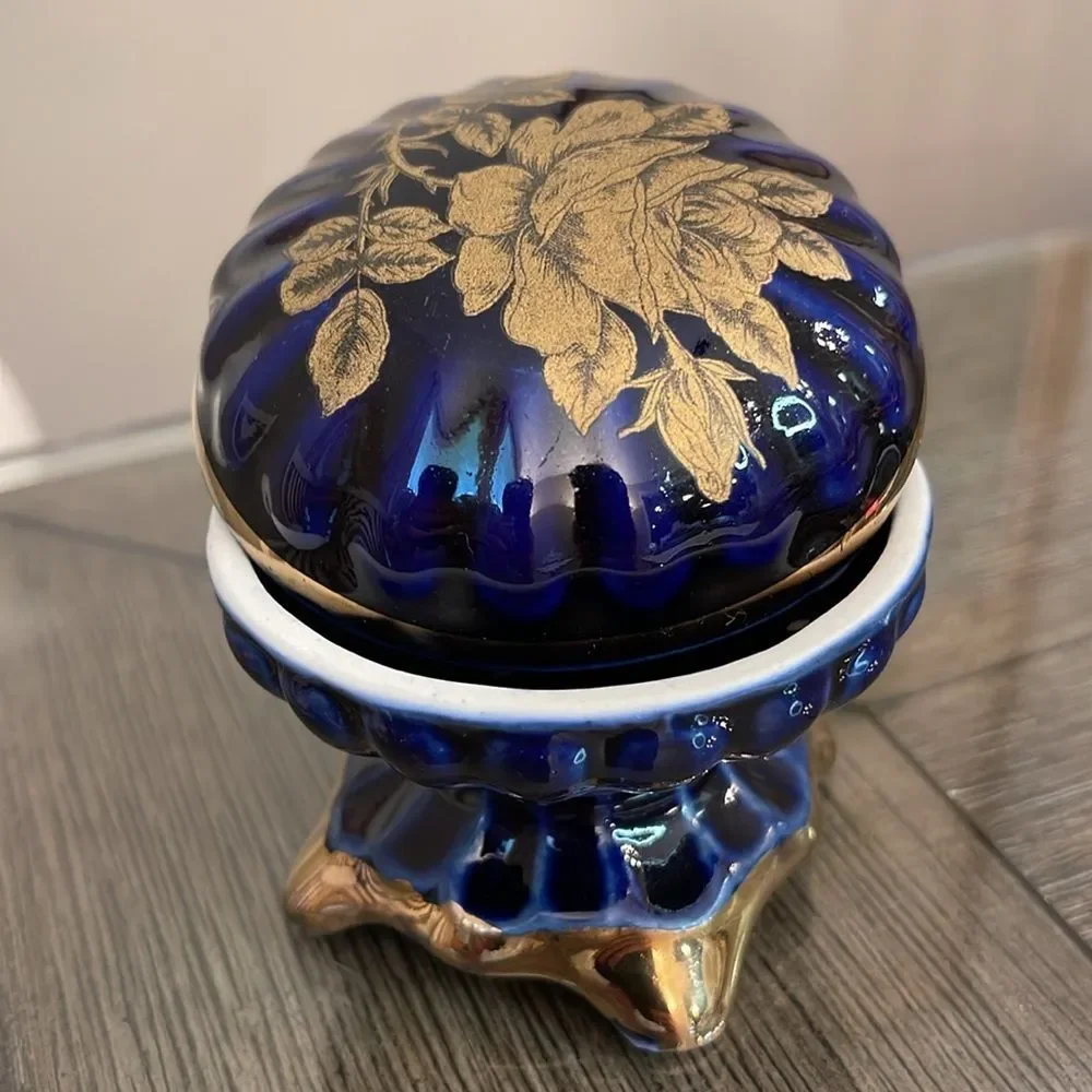 Vintage Cobalt Blue & Gold Footed Trinket Box